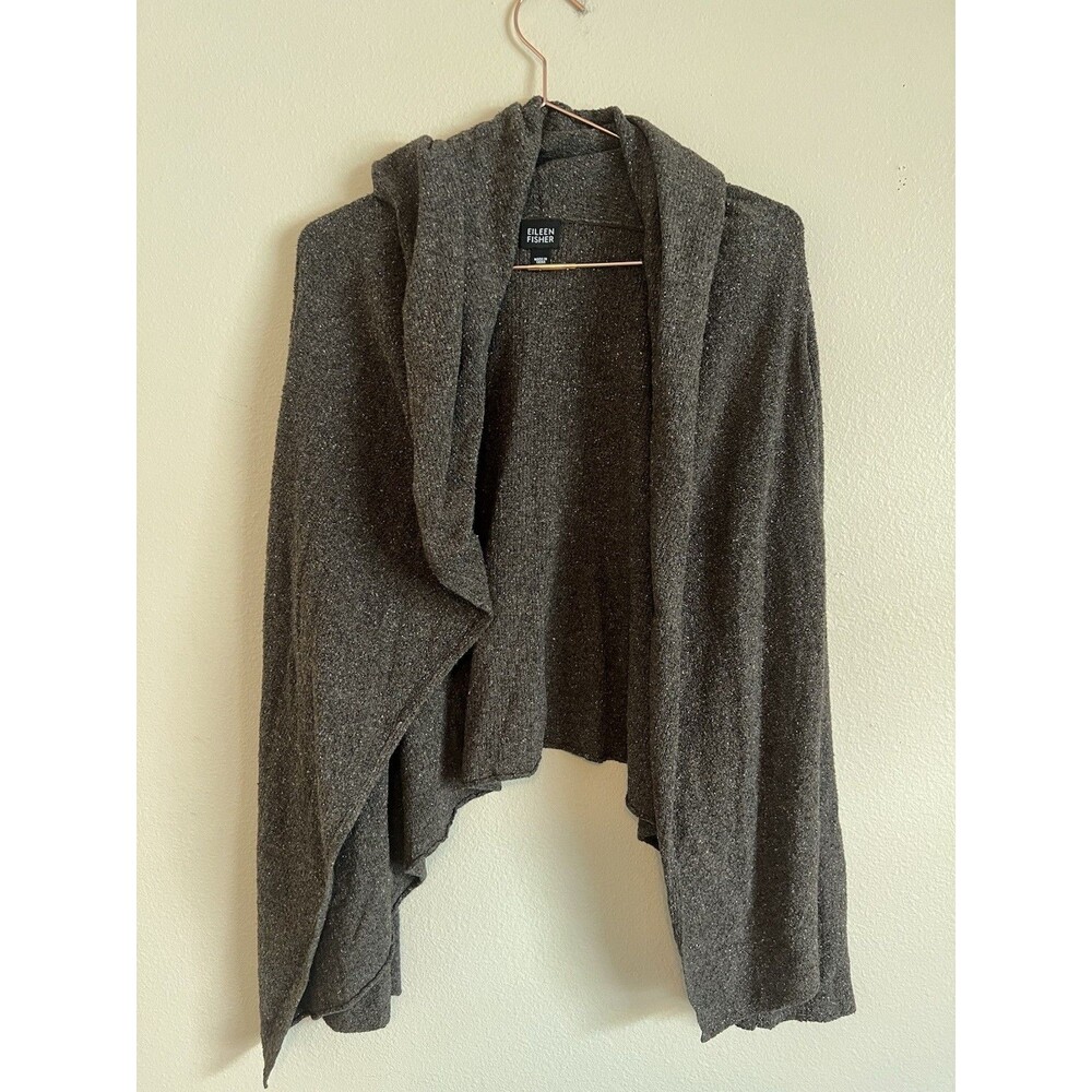 Eileen Fisher Enveloped Short Cardigan Size‎ L Brown Silk Blend Cowl/Hooded